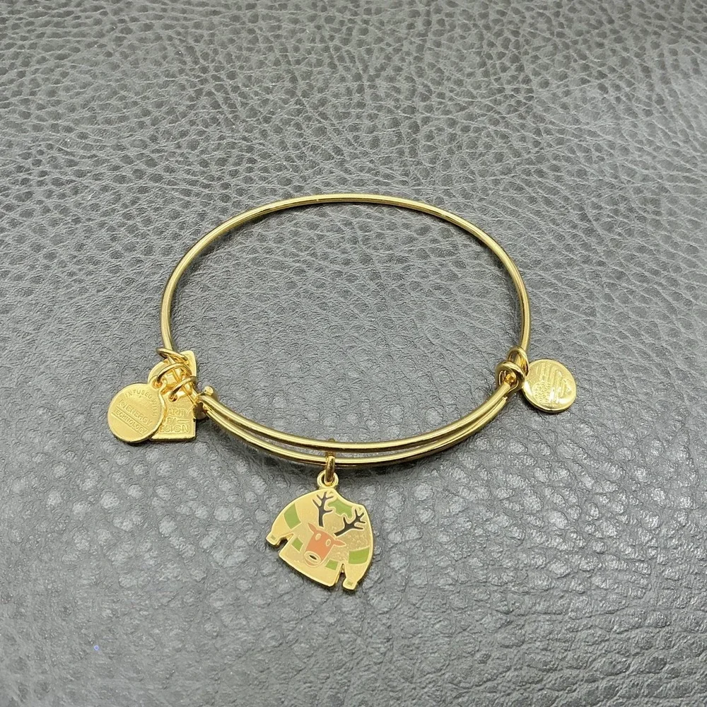 Alex And Ani Gold Tone Reindeer‎ Sweater Charm Bracelet Womens 7 In Christmas